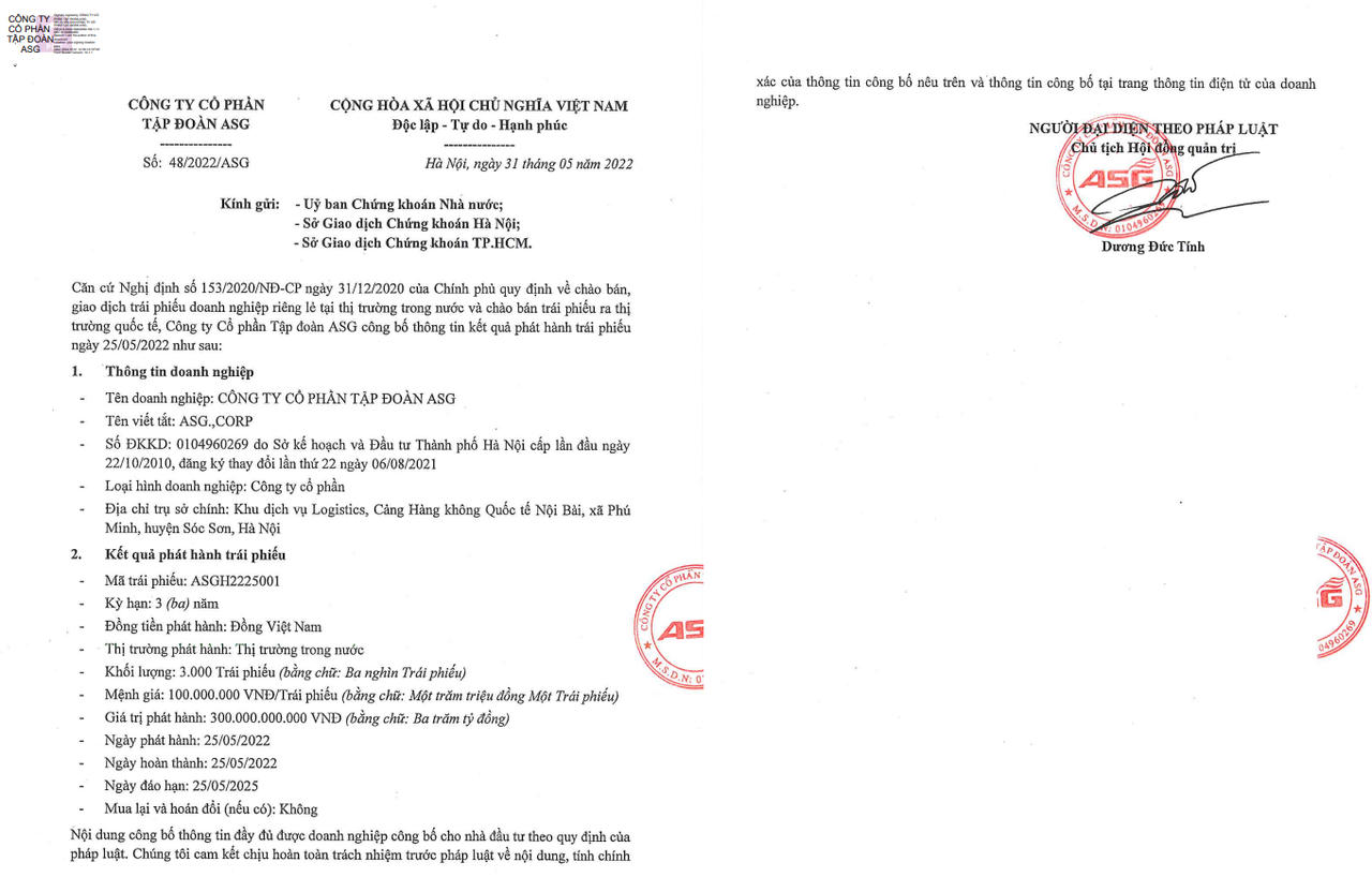 Thông tin công bố phát hành thành công trái phiếu ASG (Nguồn: Cbons)