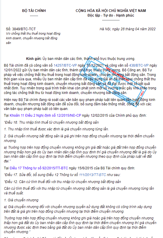 Công văn 3849/BTC-TĐKT &nbsp;