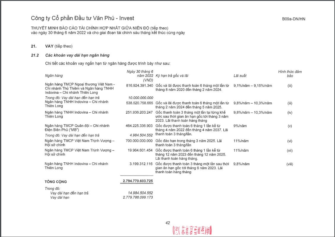 Chi tiết các khoản vay ngân hàng của VPI. &nbsp;