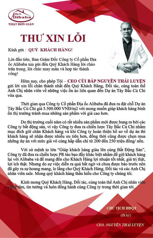 'CEO Cùi Bắp' của Địa ốc Alibaba xin lỗi sau vụ 'nhận tiền giữ chỗ'