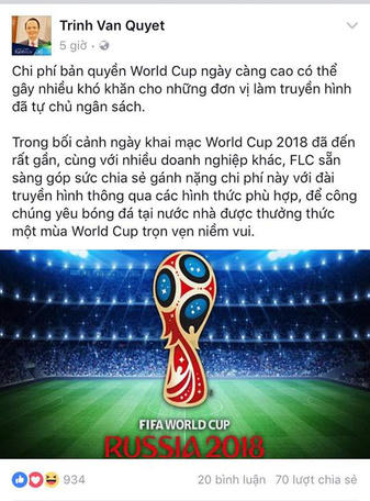 Tỷ phú Trịnh Văn Quyết muốn 'cùng VTV mua bản quyền Wold Cup 2018'