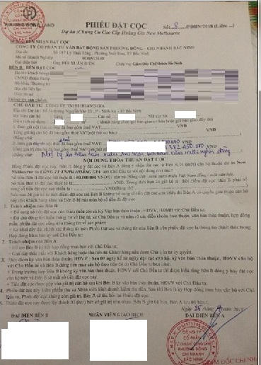 Một phiếu đặt cọc của khách hàng.