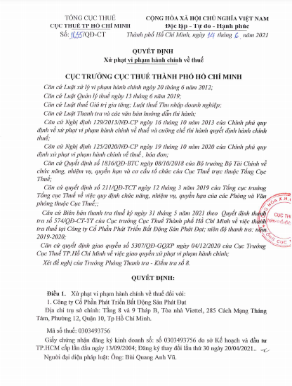 Quyết định xử phạt vi phạm hành chính về Thuế, thời kỳ kiểm tra năm 2019-2020 của của Cục thuế TP. HCM với hành vi vi phạm của Công ty Phát Đạt. &nbsp;