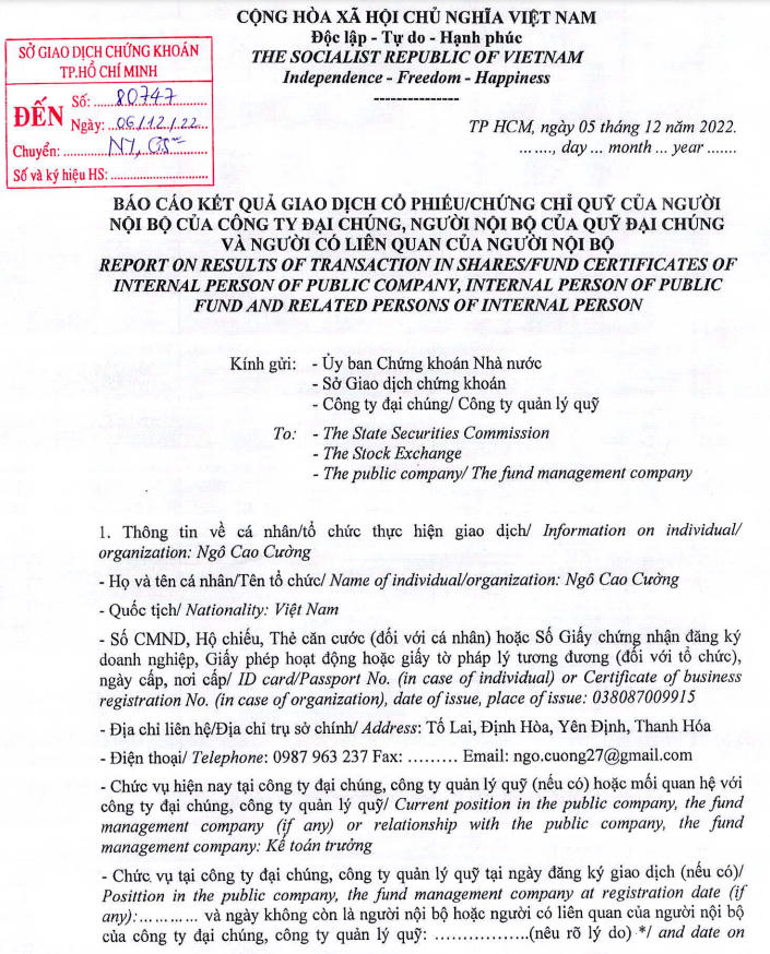 Thông tin công bố bán giải chấp cổ phiếu của ông Ngô Cao Cường