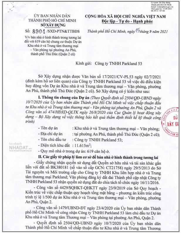 Văn bản số 8904/SXD-PTN&TTBĐS về việc bán nhà ở hình thành trong tương lai đối với 619 căn hộ thuộc dự án Khu nhà ở và trung tâm thương mại – văn phòng (phường An Phú, TP Thủ Đức) do Parkland 53 làm chủ đầu tư (Nguồn: Sở Xây dựng TP Hồ Chí Minh) &nbsp;