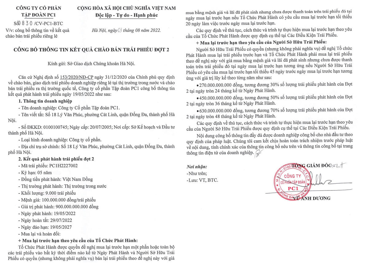 Thông tin phát hành trái phiếu đợt 2 của PC1
