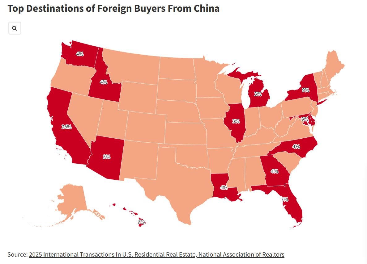 Bản đồ các khu vực tại Mỹ (tô đỏ) có tỉ lệ sở hữu bất động sản cao của người Trung Quốc.