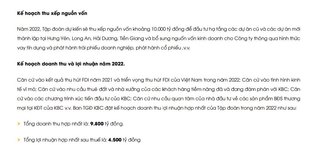 Kế hoạch doanh thu và lợi nhuận năm 2022 của KBC (Nguồn: Báo cáo thường niên 2021 của Kinh Bắc). &nbsp;