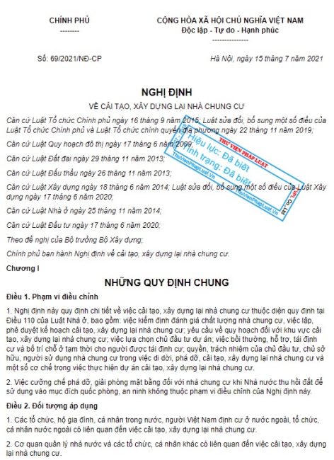 Nghị định số 69/2021/NĐ-CP của Chính phủ ngày 15/7/2021 về cải tạo, xây dựng lại nhà chung cư. &nbsp;
