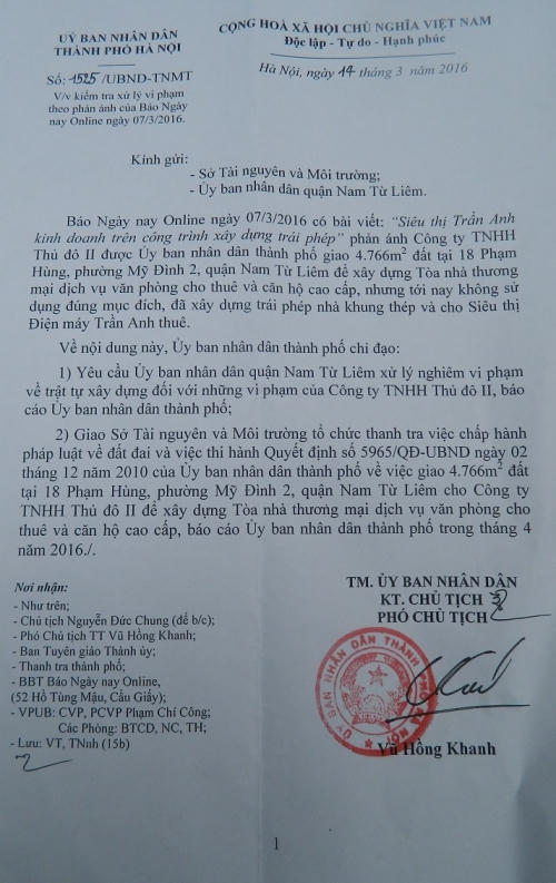 UBND thành phố HN yêu cầu xử lý vi phạm Công ty TNHH Thủ đô II