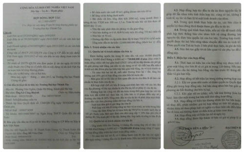 Bản hợp đồng về việc đồng ý cho Công ty CPĐTxd&DL lắp đặt trạm trộn bê tông thương phẩm trong  khuôn viên 6000 mét vuông trường ĐH Thành Tây.