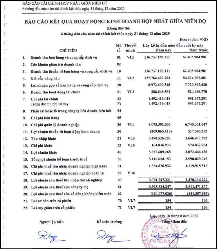 Một số chỉ tiêu tài chính tại ngày 30/6/2025 của CMH Group.