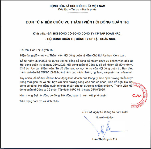 Đơn từ nhiệm của bà Hàn Thị Quỳnh Thi.