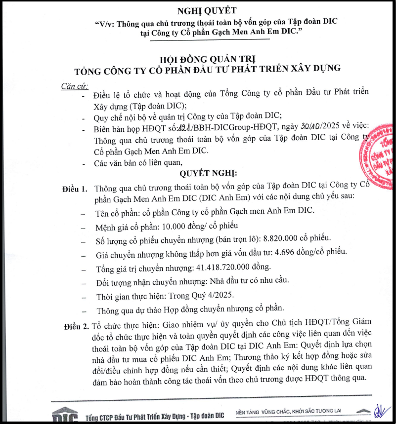 Nghị quyết HĐQT của DIC Corp về việc thoái vốn tại DIC Anh Em.