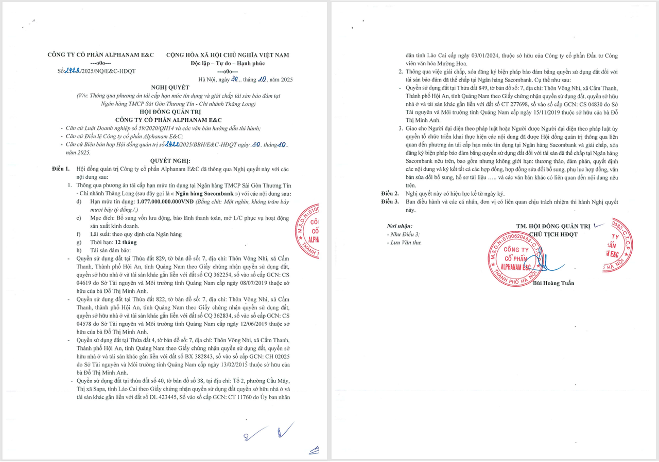 Nghị quyết HĐQT của Alphanam E&C về việc vay hơn 1.000 tỷ từ ngân hàng.