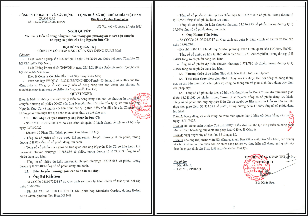 Thông tin được công bố về việc chủ tịch HĐQT Xuân Mai Corp Bùi Khắc Sơn sẽ chuyển nhượng toàn bộ cổ phần đang nắm giữ tại XMC.