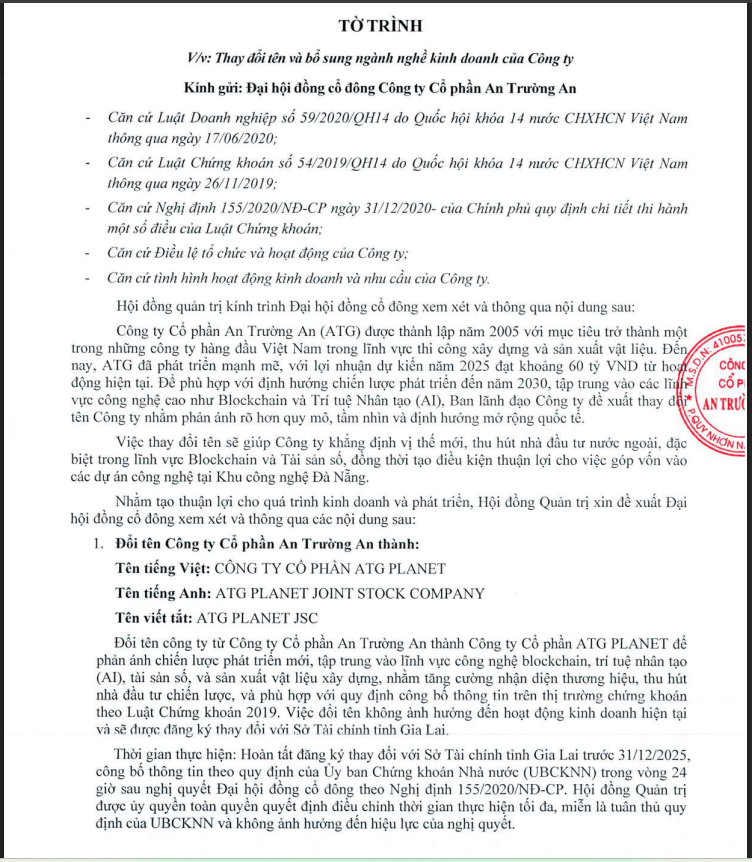 Tờ trình của ATG về việc muốn đổi tên và thay đổi chiến lược kinh doanh.