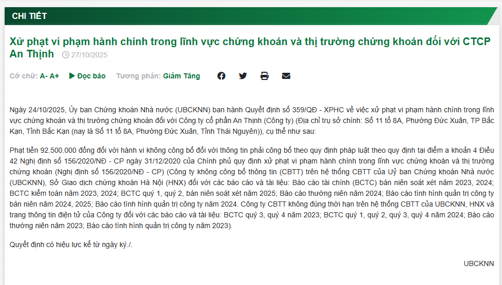 Bị xử phạt vì chậm công bố thông tin, An Thịnh Group đang kinh doanh ra sao?