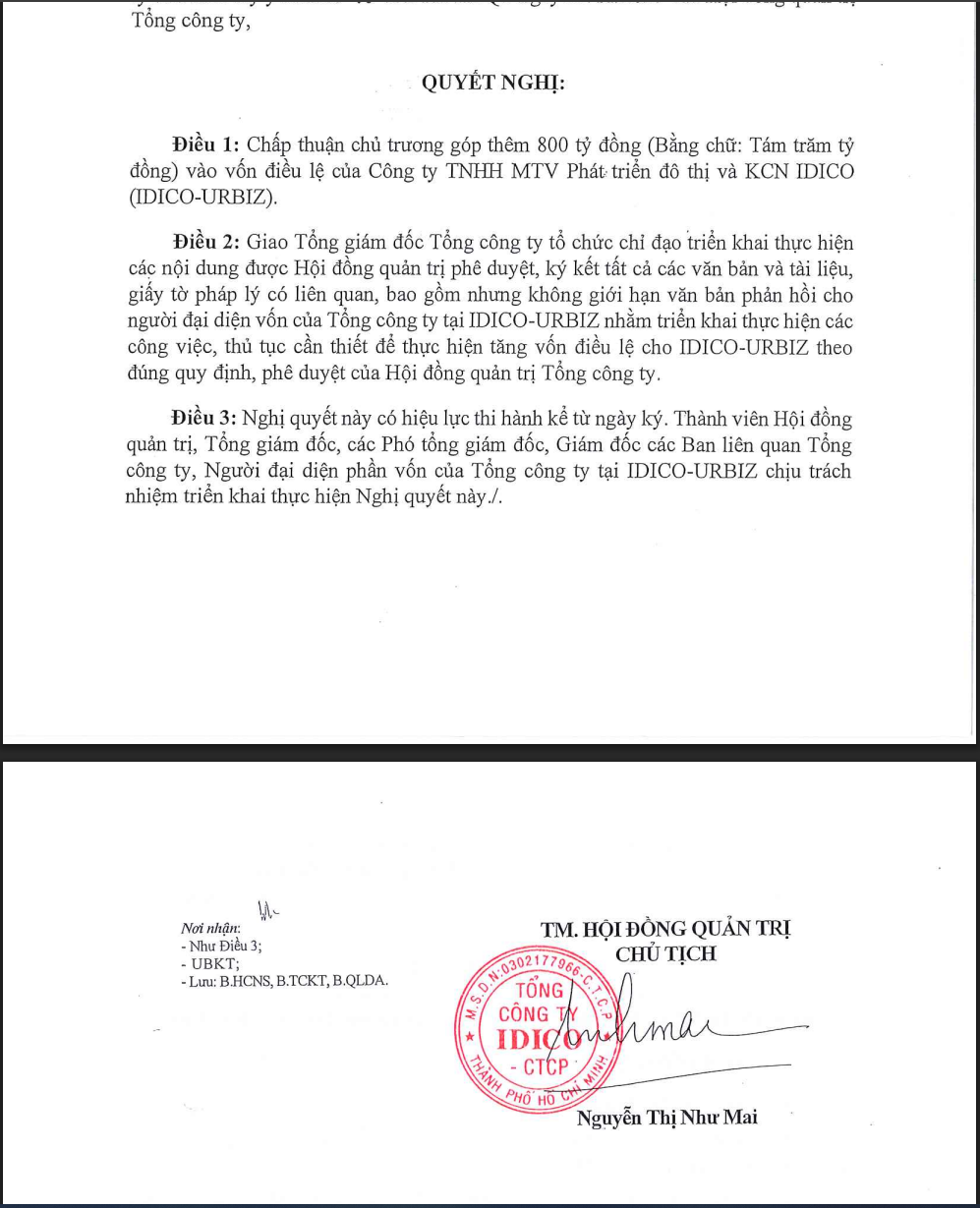 Nghị quyết HĐQT của IDC về việc chấp thuận tăng vốn điều lệ cho Idico Urbiz.