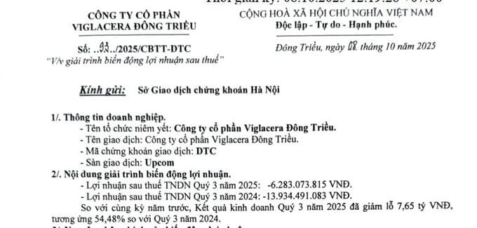 Viglacera Đông Triều tiếp tục lỗ 6 tỷ, vốn âm hơn 5 tỷ