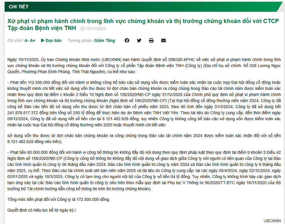 Bệnh viện TNH bị xử phạt hơn 170 triệu đồng do vi phạm trong lĩnh vực chứng khoán