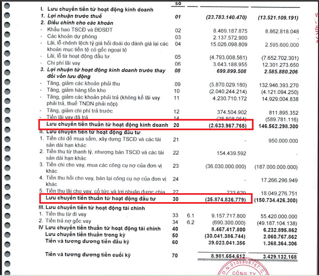 Dòng tiền kinh doanh và đầu tư của SJF đều âm.