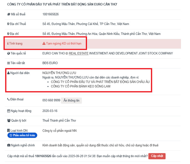 Công ty CP Đầu tư và Phát triển Bất động sản Euro Cần Thơ của ông Nguyễn Thượng Lưu đang tạm ngừng kinh doanh.