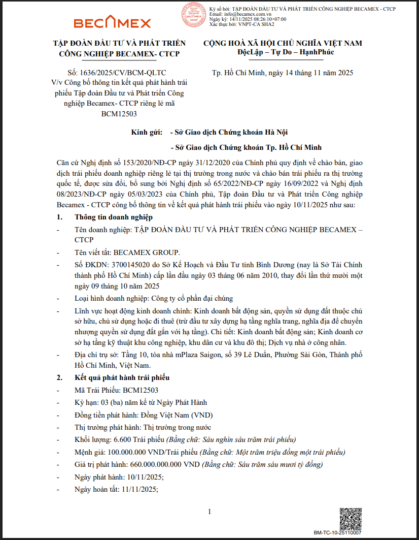 Thông tin công bố về việc phát hành thành công 60 tỷ đồng trái phiếu của Becamex Group.