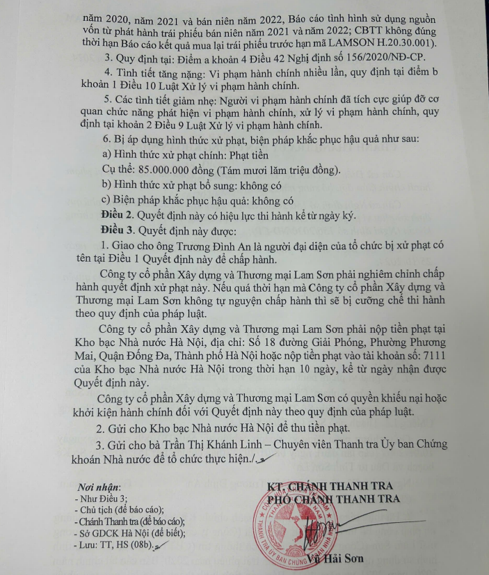 Lam Sơn từng bị xử phạt vì công bố thông tin chưa đúng theo quy định.