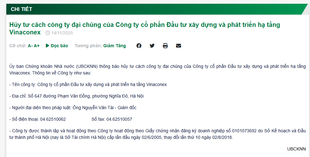 Vì sao Vinaconex 34 bị hủy tư cách công ty đại chúng?