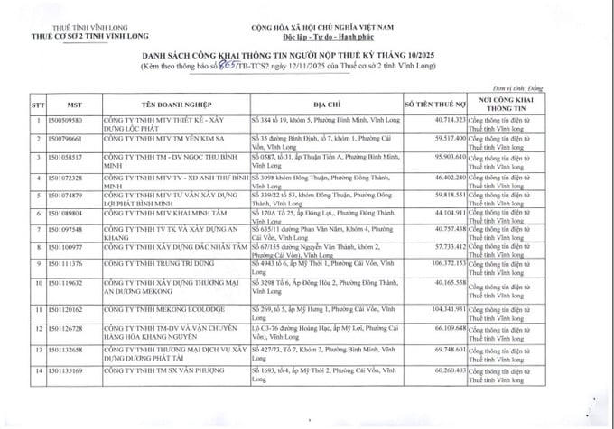 Vĩnh Long: Hai Nghĩa Bình Tân và nhiều doanh nghiệp nợ thuế