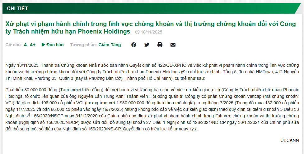 Một doanh nghiệp bị xử phạt vì hành vi giao dịch “chui” cổ phiếu VCI của Chứng khoán Vietcap