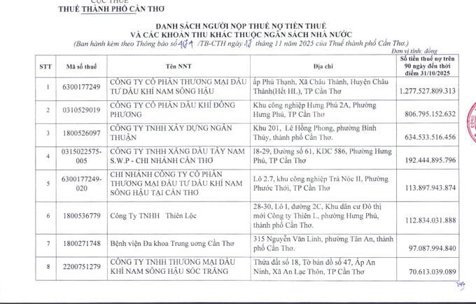 Dầu khí Đông Phương, Xây dựng Ngân Thuận và nhiều cá nhân, doanh nghiệp tại Cần Thơ nợ gần 3.830 tỷ đồng