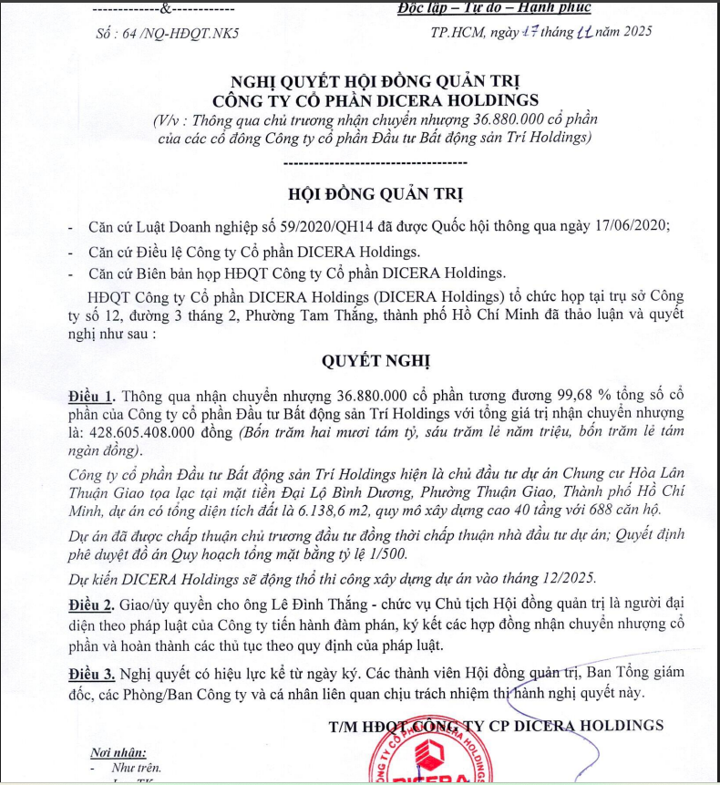 Nguồn: Dicera Holdings.