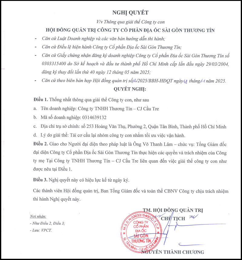 Nghị quyết HĐQT TTC Land về việc giải thể Công ty TNHH Thương Tín – CJ Cầu Tre (Nguồn: SCR).