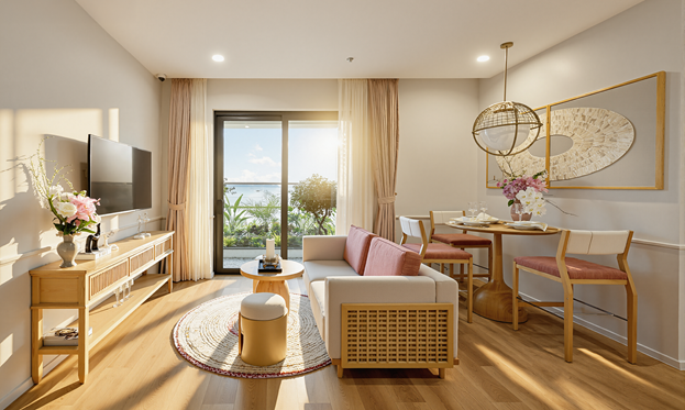 Phòng khách căn hộ mẫu 2 phòng ngủ Sun Centro Town. Ảnh: Ánh Dương.