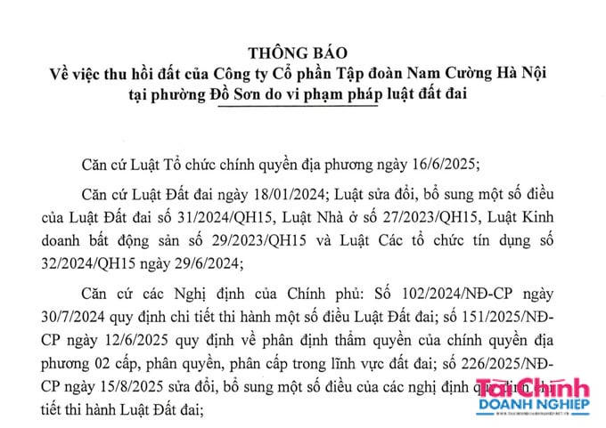 Tập đoàn Nam Cường Hà Nội bị thu hồi 2,5ha đất vì sai phạm