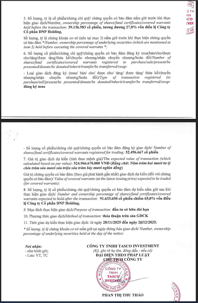 Nguồn: Thông báo của Tasco Investment về việc mua cổ phiếu DNP.