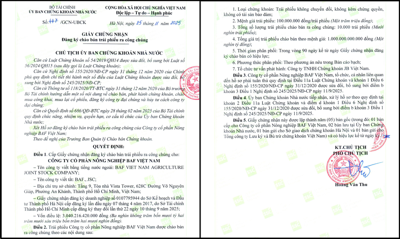 Giấy chứng nhận đăng ký chào bán trái phiếu ra công chúng của Uỷ ban Chứng khoán Nhà nước đối với BaF.