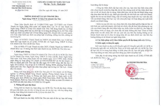 Những tồn tại nào trong thẩm định tín dụng khiến ACB Cần Thơ bị thanh tra “điểm mặt”?