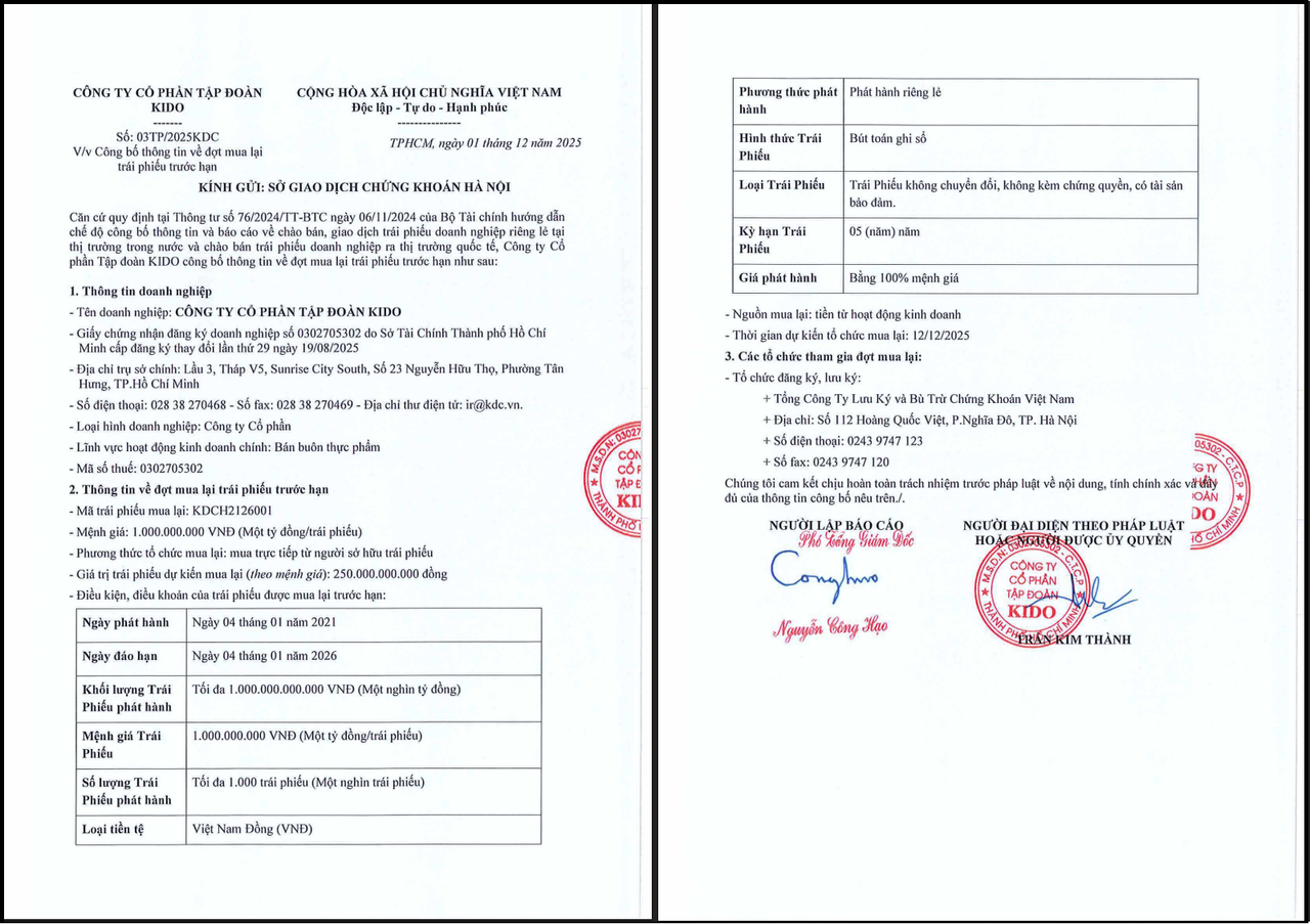 KDC công bố thông tin về việc mua lại trái phiếu trước hạn.