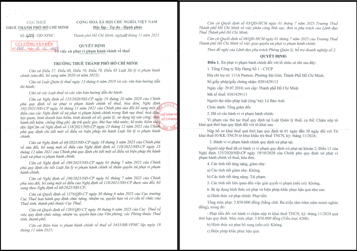 CC1 nhận được quyết định xử phạt vi phạm hành chính về thuế.