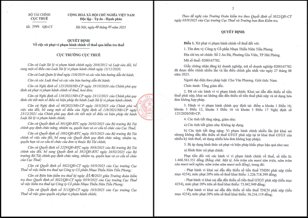 Quyết định về việc xử phạt hành chính về thuế qua kiểm tra thuế đối với Nhựa Tiền Phong.