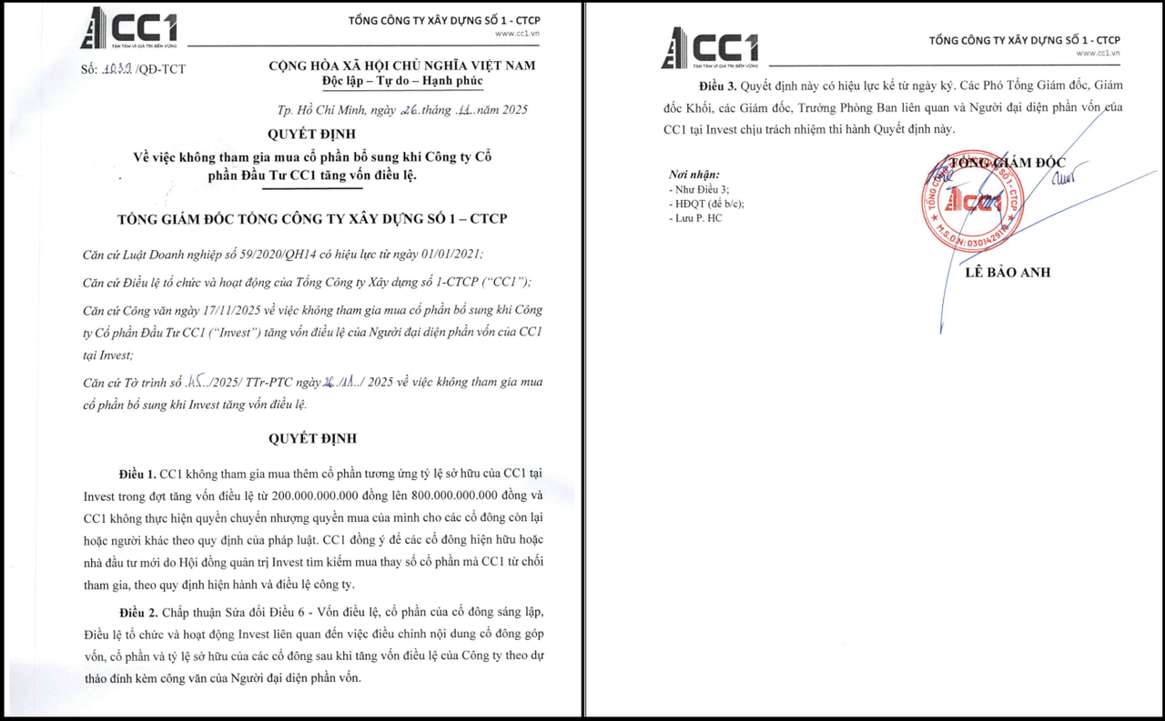 Quyết định không góp thêm vốn vào CTCP Đầu tư CC1.