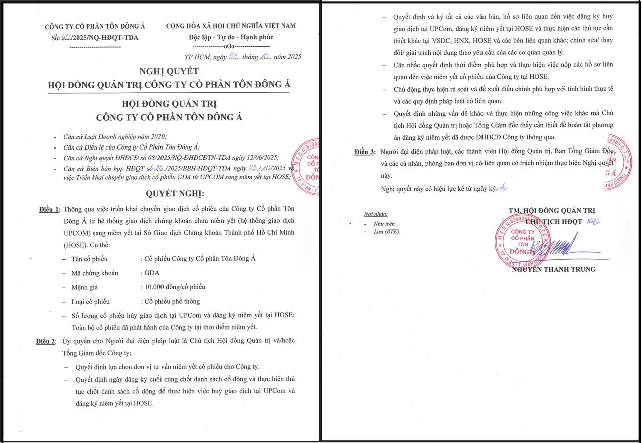 Nghị quyết HĐQT của GDA về việc niêm yết cổ phiếu trên sàn HoSE.