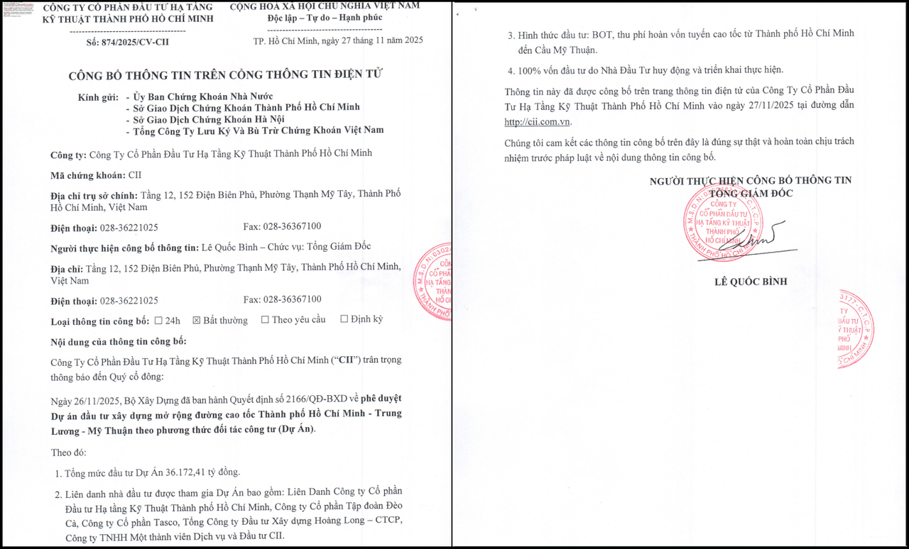 CII công bố thông tin về việc được chấp thuận tham gia dự án đầu tư xây dựng mở rộng đường cao tốc TPHCM - Trung Lương - Mỹ Thuận theo phương thức PPP.