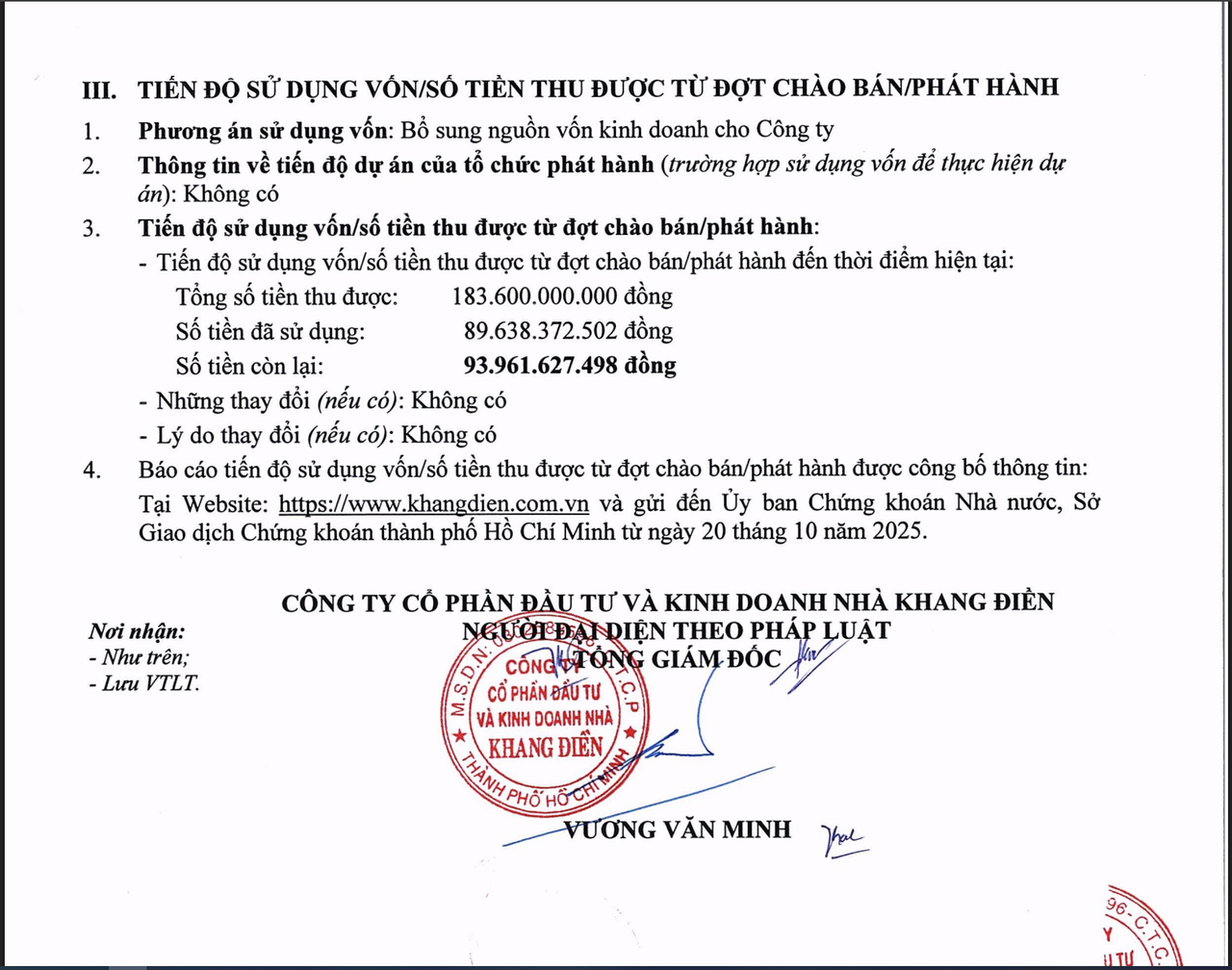 KDH báo cáo tiến độ sử dụng vốn thu được từ đợt phát hành cổ phiếu ESOP năm 2024.