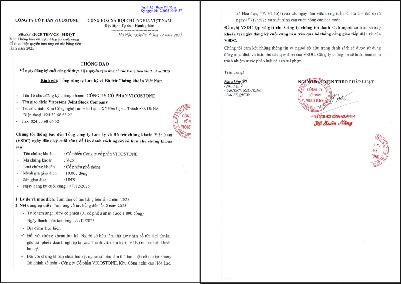 Thông báo về việc tạm ứng cổ tức của Vicostone.
