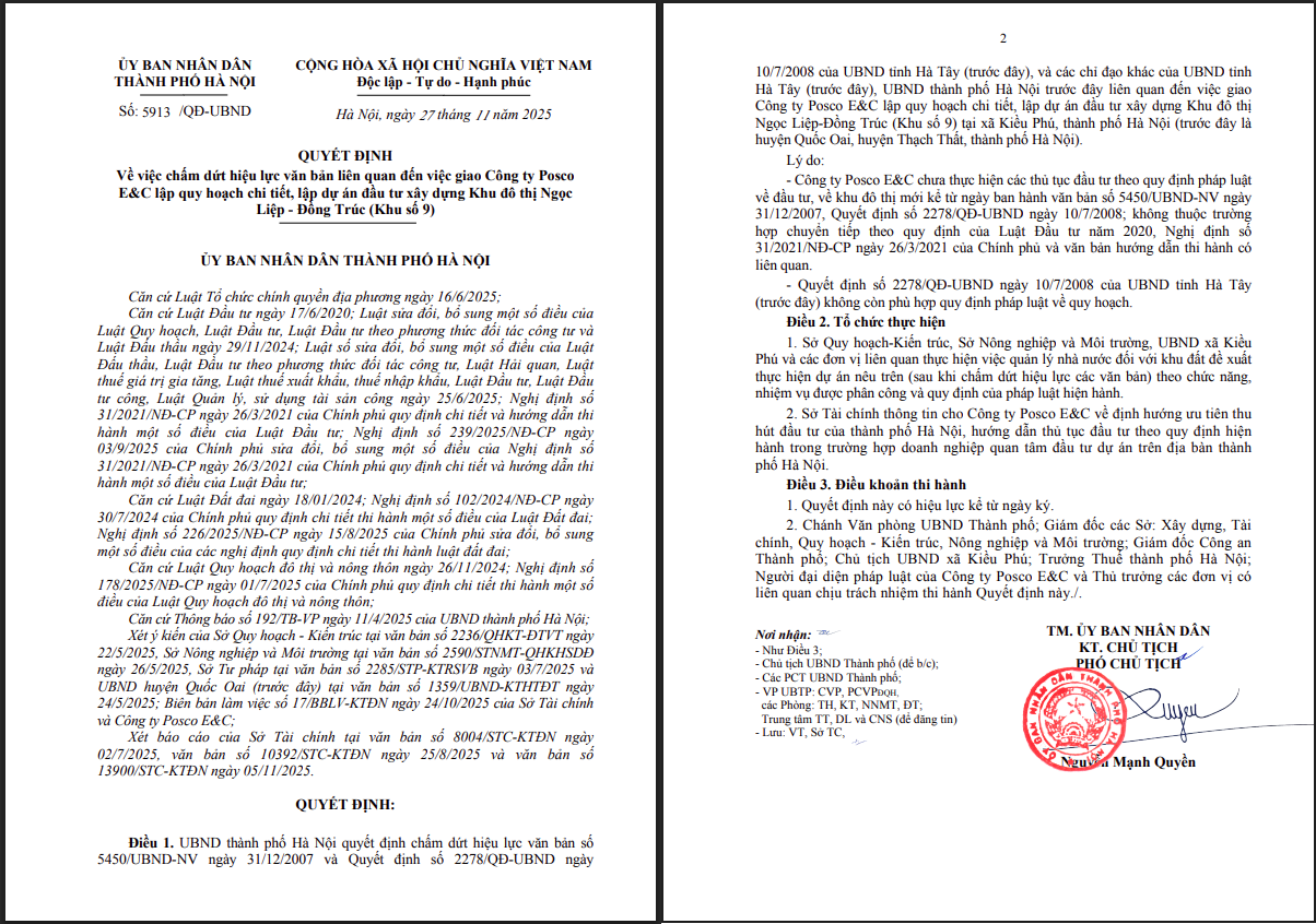 Không thực hiện các thủ tục đầu tư theo quy định, Hà Nội ra quyết định chấm dứt hiệu lực dự án khu đô thị 272ha của Posco E&C