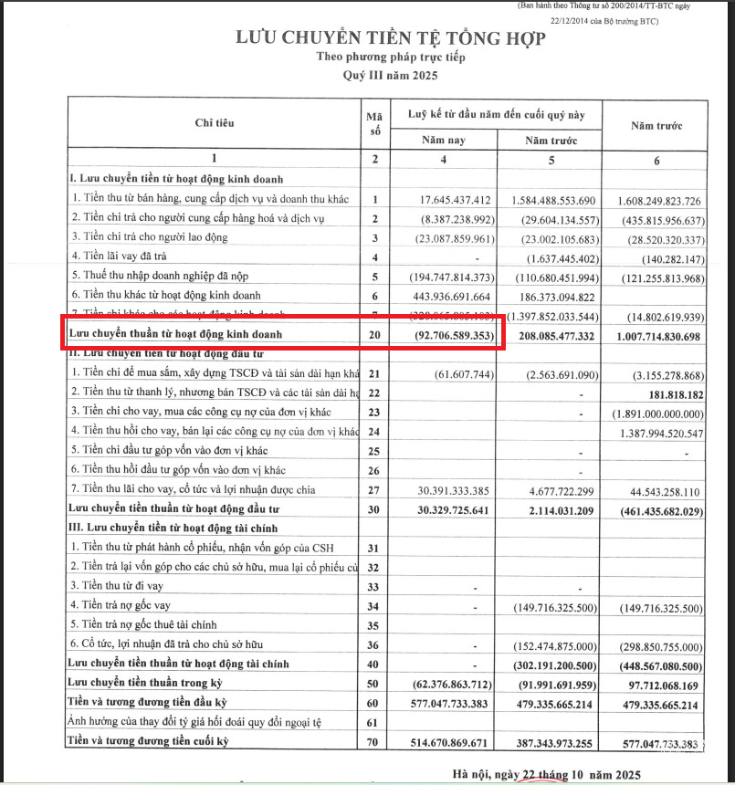 Dòng tiền kinh doanh của NTL âm gần 93 tỷ đồng.